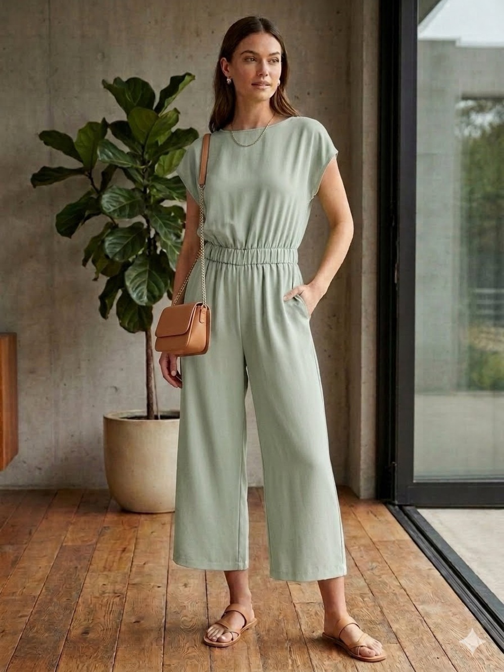 3/20 Sage Green Wide-Leg Jumpsuit ladies small